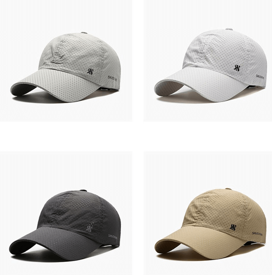 Solid color breathable mesh baseball caps in various colors, perfect for outdoor sports with sun protection and adjustable fit.